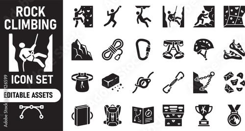 Set of black rock climbing icons and equipment