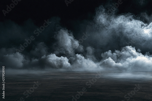Dark volumetric smoke stage with wide cinematic background creating mysterious atmosphere and dramatic effect