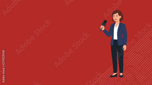 Bild auf Leinwand Female journalist wearing suit holding microphone reporting live news with copy space vector illustration graphic design isolated on solid red background with geometric white lines