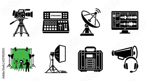 Set of black and white professional media production and broadcast equipment icons for television studio and digital video streaming production
