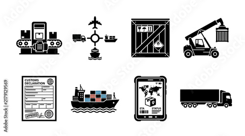 Set of Logistics and Global Supply Chain Management Icons Featuring Transportation Methods Customs Documents and Distribution Equipment