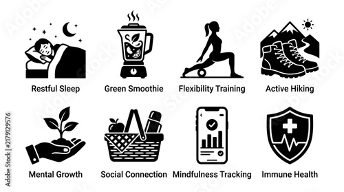 Collection of wellness icons representing healthy lifestyle habits daily activities mindfulness and personal growth routines for holistic living