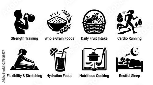 Comprehensive Set of Lifestyle Icons Representing Daily Health Habits and Wellness Practices for Balanced Living