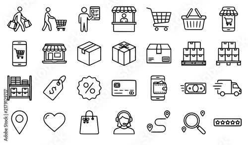 Online shopping buyer and consumer outline icon set with cart basket products stock and delivery