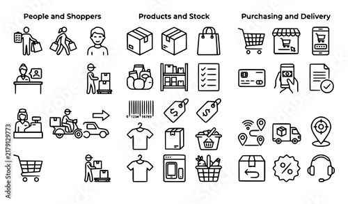 Online shopping consumer icon collection with buyers products inventory cart payment and delivery