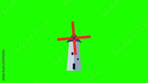 Minimalist Flat Vector Illustration of a Classic European Farm Windmill Rotating on a Simple Bright Green Background