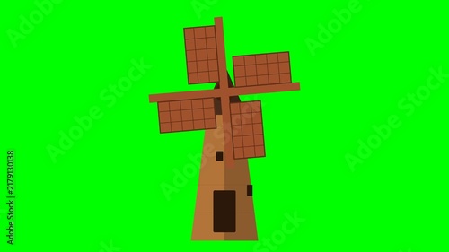 Animated Brown Wooden Windmill Illustration Against A Bright Green Screen Background For Digital Media Projects