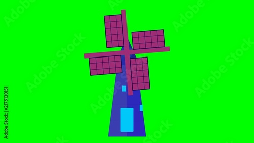 Colorful 2D Flat Style Windmill Animation Featuring Spinning Solar Panel Blades for Sustainable Energy and Renewable Power Concepts