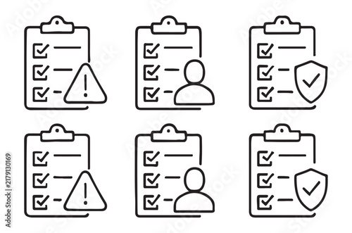 clipboard icons with checkmarks and symbols line style