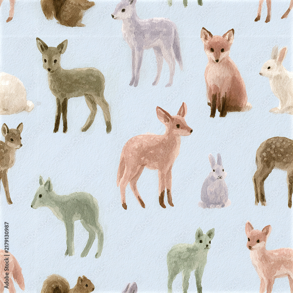 Fototapeta premium Watercolor forest animals pattern with tiny deer, foxes, rabbits, and squirrels on soft blue background, charming and gentle