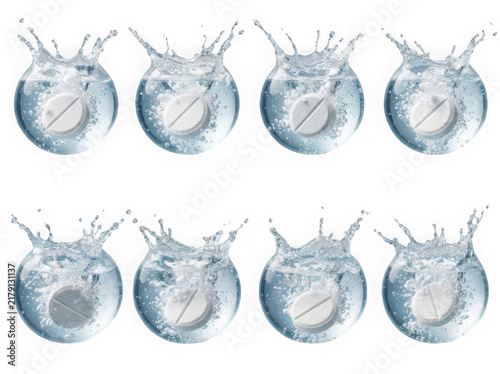White medical pills dropping into clear water with splashes isolated set isolated on transparent background