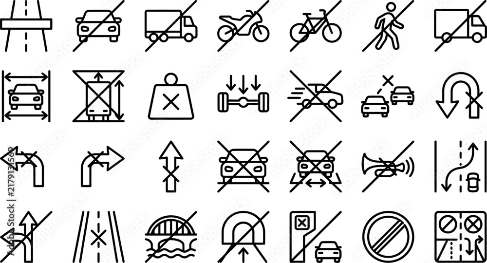 Fototapeta premium Set of traffic signs and road prohibition icons, vector illustration