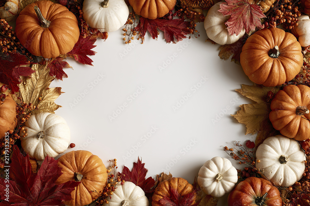 Obraz premium Autumn pumpkin frame with white and orange pumpkins, red and gold leaves, and berries creating festive seasonal border