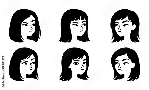 Принти на полотні Diverse Female Faces Vector Icons, Set of 6 Stylized Portraits, Expressing Frust