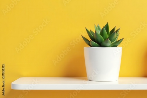 White pot succulent on pastel mustard shelf Minimalist home decor , peaceful, style