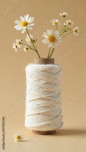 White twine spool, reed flowers, light scarf Beige background , top view, still life