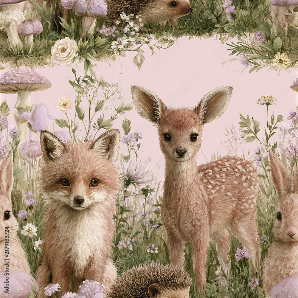 Obraz premium Cute forest animals including deer, fox, rabbit, and hedgehog surrounded by flowers and mushrooms in soft pastel setting