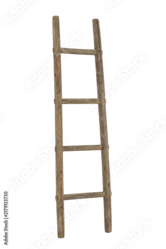 Fotografie Rustic wooden ladder with four rungs stands upright, showcasing its weathered te