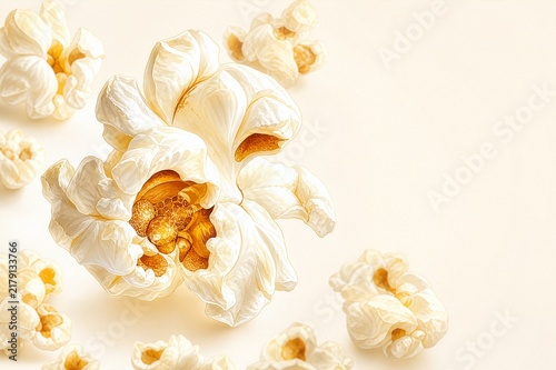 Detailed macro hand-drawn illustration of fluffy popcorn kernels with premium food advertising aesthetics.