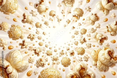 Dynamic hand-drawn popcorn explosion with flying kernels and premium commercial food styling.
