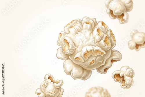 Detailed macro hand-drawn illustration of fluffy popcorn kernels with premium food advertising aesthetics.
