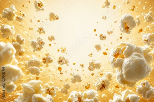 Dynamic hand-drawn popcorn explosion with flying kernels and premium commercial food styling.