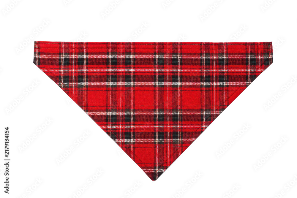 Fototapeta premium Vibrant red and black plaid fabric bandana, folded into a triangular shape, is neatly displayed against a clean white background