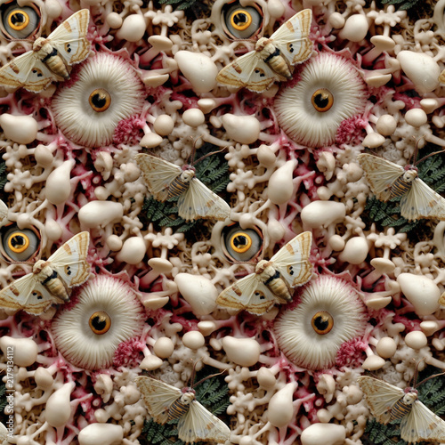 Soft coral moth and shell inspired seamless pattern with organic surreal coastal mood