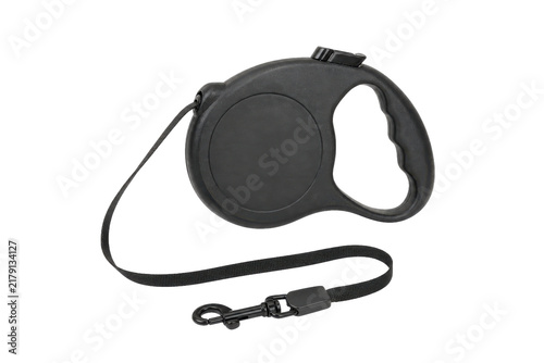 Konstfotografi Black retractable dog leash with a comfortable ergonomic handle and metal clip i