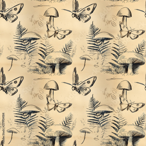 Vintage ink moth and mushroom woodland seamless pattern with calm sketchbook illustration mood