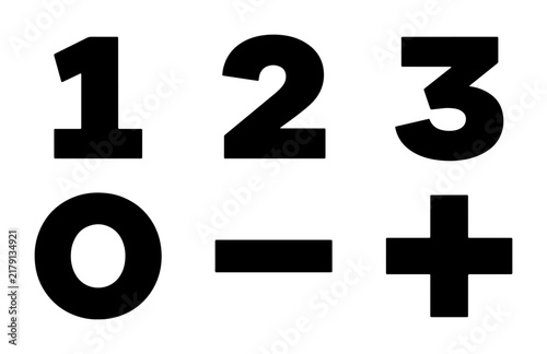 Bold Black Numbers 0-3, Plus, Minus Symbols, Vector Icons for Math, Counting, Data, and Education Graphics