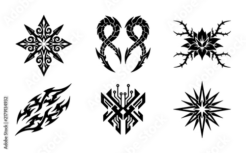 Tribal Tattoo Designs, Abstract Symbols, Geometric Ornaments, Black Ink Vector Graphics Set for Apparel and Branding