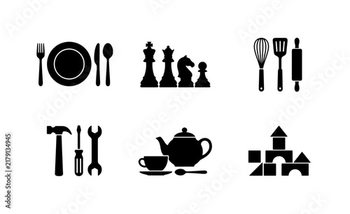 Vector Icons: Dining Set, Chess Pieces, Kitchen Utensils, Tools, Tea Set, Building Blocks. Graphic Elements for Design.
