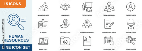 Fifteen human resources line icons depicting growth collaboration and personnel management concepts humanresources recruitment staffing