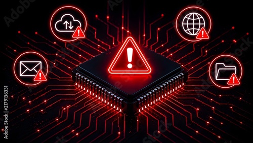 Obraz na płótnie Microchip compromised by cyber attack and data breach warning signs