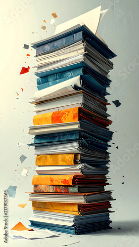 Tower of stacked blank folders running full height of frame leaning gently curving with paper scraps drifting toward top in surreal collage generative AI