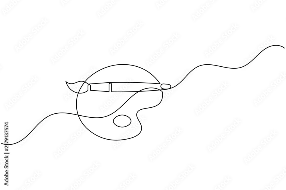 Obraz premium Paint palette art brush continuous one line drawing minimalist painter symbol concept vector illustration