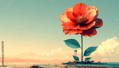 Water tower reimagined as enormous flower on slender stalk with tank forming bloom and paper leaves at base on flat plain in surreal collage generative AI