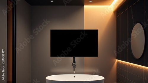 Modern bathroom interior. Dark walls contrast warm lighting. Minimalist tub, sleek faucet, mirror create dramatic effect. Clean lines define space.