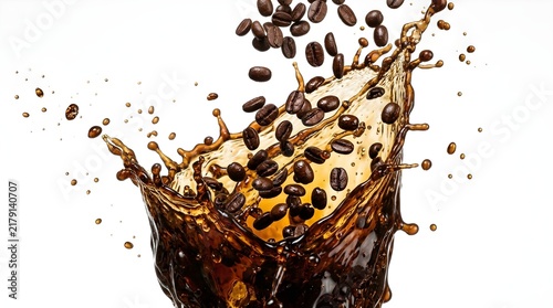 Dynamic coffee splash with roasted beans falling isolated on white background
