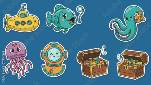 Foto Collection of cute underwater sea creatures and objects cartoon vector illustrat