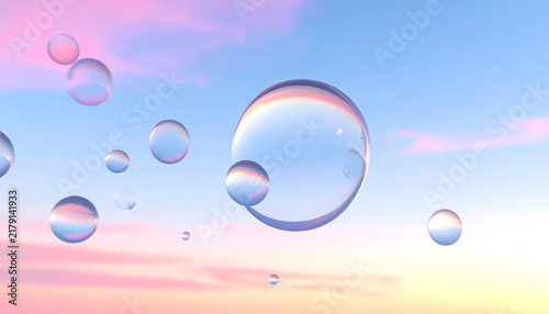 Glass bubbles drift across a gradient sky creating vibrant reflections with a luxurious mood generative AI