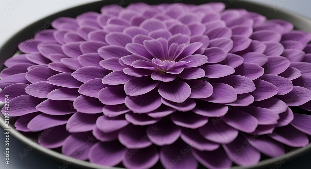 Fototapeta premium A single purple dahlia flower head displayed centered on a dark circular plate surface background with flower symmetrical layered