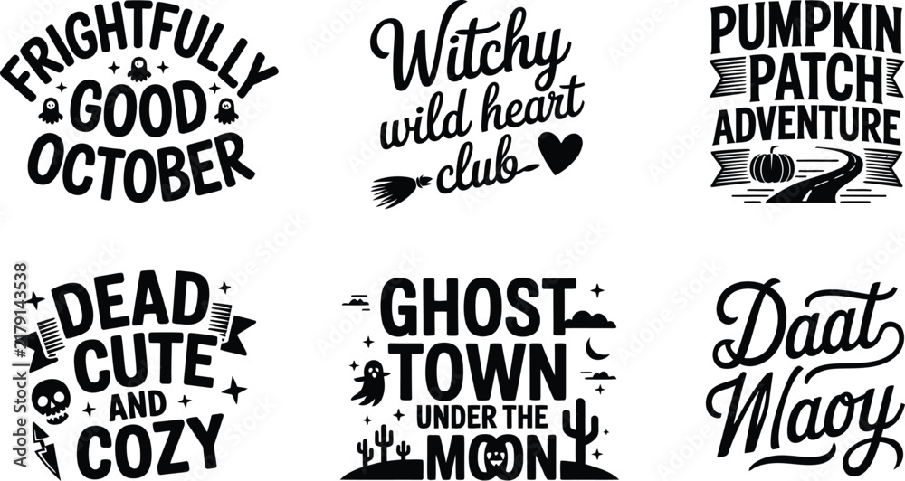 Obraz premium Halloween quotes set, spooky typography bundle, 6 black vector designs Editable Vector