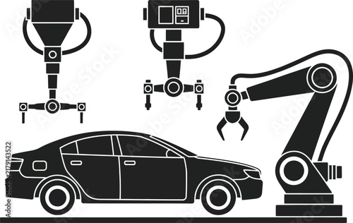 Car Manufacturing Robotic Arms And Sedan vector