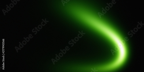 Abstract green light curve glowing on a dark black background, soft blurred neon arc shape with smooth gradient and deep shadows effect