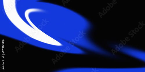 An abstract featuring a flowing blue curved shape with a white highlight on a solid black background, creating a dynamic motion effect