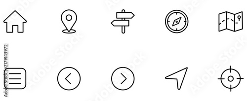 Minimalist navigation icon set, 10 black line map and location symbols, thin stroke travel vector elements for web and mobile apps