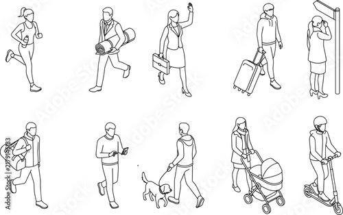 Isometric Line Art People Set Featuring Walking Pedestrians, City Commuters, Business Professionals, Runner, and Urban Life Characters