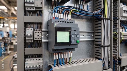 Obraz w ramie Smart PLC relay controller installed in an industrial electrical control cabinet panel.